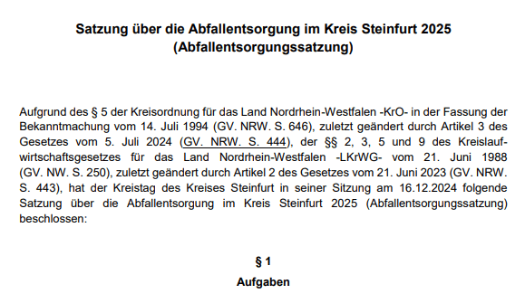 Symbolbild das Symbolbild zeigt die erste Seite der Abfallentsorgungssatzung