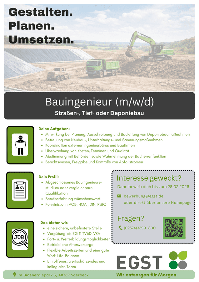 Bauingenieur gesucht Wir suchen eine:n Bauingenieur:in (m/w/d) Das bieten wir: eine sichere, unbefristete Stelle Vergütung bis EG 11 TVöD-VKA Fort- u. Weiterbildungsmöglichkeiten Betriebliche Altersvorsorge Flexible Arbeitszeiten und eine